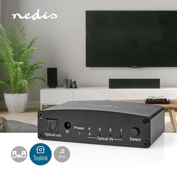 Digital Audio Switch | 4-veis | Koblingsinngang: DC-strøm / 4x TosLink | Koblingsutgang: TosLink Hun | Fjernkontroll / Manuell / Trykk på knappen | Me