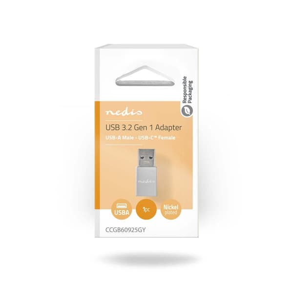 USB-A Adapter | USB 3.2 Gen 1 | USB-A Han | USB-C™ Hun | 5 Gbps | Runde | Nikkelplateret | Sort | Box