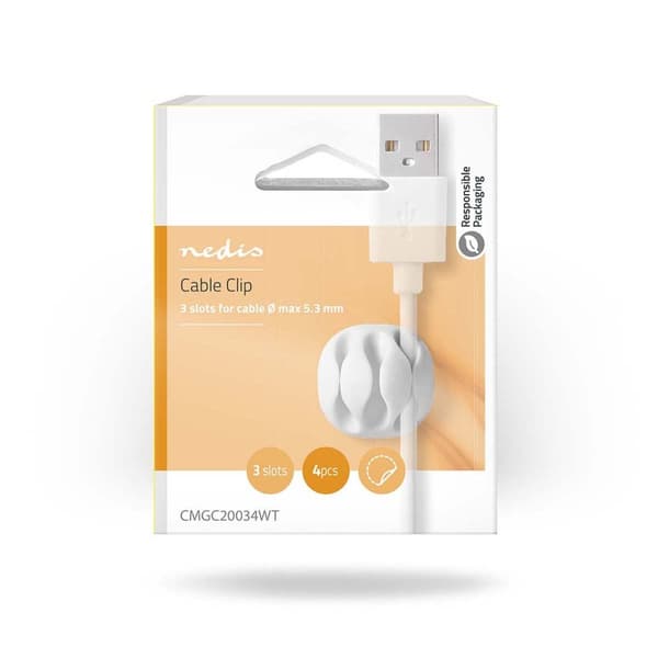 Kabel Management | Kabelklips | Klik og Go | 4 stk. | Antal slots: 3 Pladser | Maksimal tykkelse på kabel: 5.3 mm | TPE | Hvid