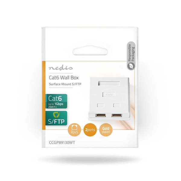 Nettverksveggboks | På veggen | 2-Port port(s) | STP CAT6 | Rett | Hunn | Gull belagt | PVC | Hvit | Konvolutt