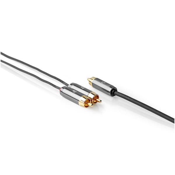subwoofer Kabel | RCA Hane | 2x RCA Hane | Guldplaterad | 3.00 m | Rund | 4.5 mm | Grå / Grått Med Metall | Kartong med täckt fönster