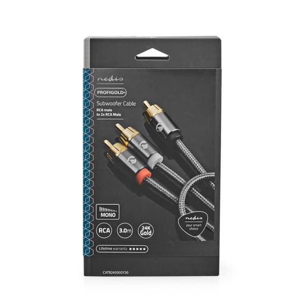 subwoofer Kabel | RCA Hane | 2x RCA Hane | Guldplaterad | 3.00 m | Rund | 4.5 mm | Grå / Grått Med Metall | Kartong med täckt fönster