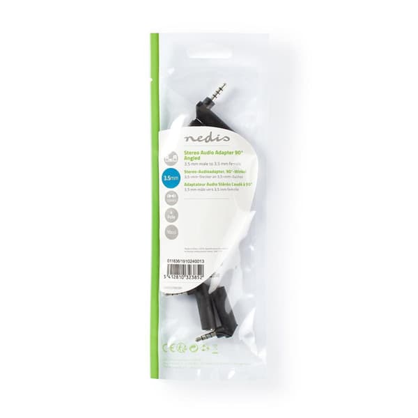 Stereo Audio Adapter | 3.5 mm Hanstik | 3.5 mm Hunstik | Nikkelplateret | Vinkel 90° | Metal | Sort | 10 stk. | Plastikpose