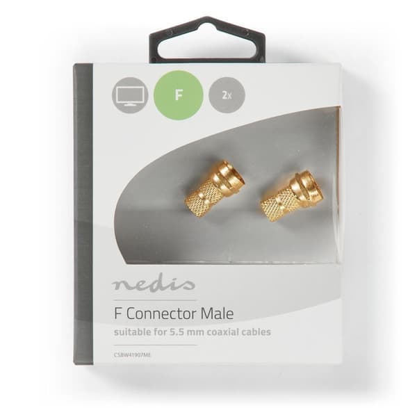 F-Connector | Lige | Han | Guldplateret | 75 Ohm | Slå til | Kabeldiameter: 5.5 mm | Kobber | Metal | 2 stk. | Window Box