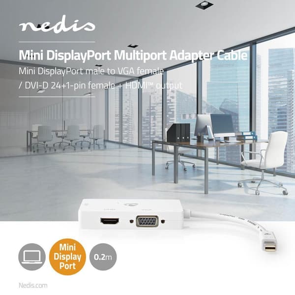 DisplayPort adapter | Mini DisplayPort han | DVI-D 24+1-Pins Hun / HDMI™ Hun / VGA Hun | 4K@60Hz | Nikkelplateret | Skiftelig | 0.20 m | Runde | ABS | Hvid
