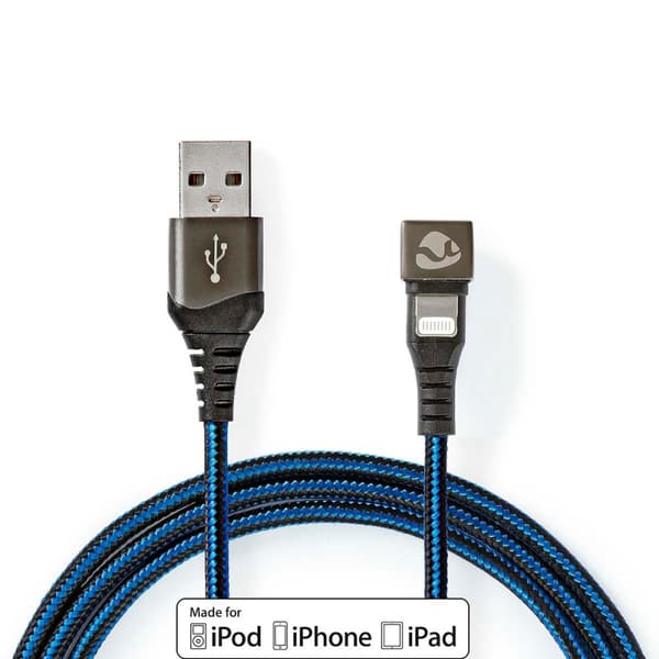 USB-kabel | USB 2.0 | Apple Lightning 8-pin | USB-A Han | 12 W | 480 Mbps | Nikkelplateret | 1.00 m | Runde | Flettet / Nylon | Blå / Sort | Cover Win