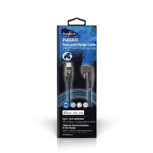 USB-kabel | USB 2.0 | Apple Lightning, 8-stifts | USB-C™ Hane | 60 W | 480 Mbps | Nickelplaterad | 1.00 m | Rund | Flätad / Nylon | Blå / Svart | Kart