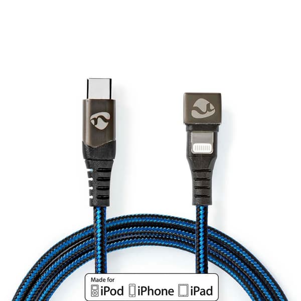 USB-kabel | USB 2.0 | Apple Lightning 8-pin | USB-C™ Han | 60 W | 480 Mbps | Nikkelplateret | 1.00 m | Runde | Flettet / Nylon | Blå / Sort | Cover Wi