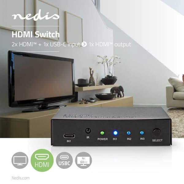 HDMI ™ Switch | 3-Port port(s) | 1x USB-C™ / 2x HDMI™ Inngang | 1x HDMI ™ -utgang | 4K@60Hz | 18.0 Gbps | Metall | Antrasitt