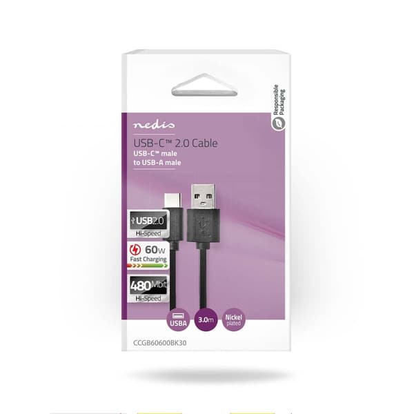 USB-kabel | USB 2.0 | USB-C™ Hane | USB-A Hane | 60 W | 480 Mbps | Nickelplaterad | 3.00 m | Rund | PVC | Svart | Låda