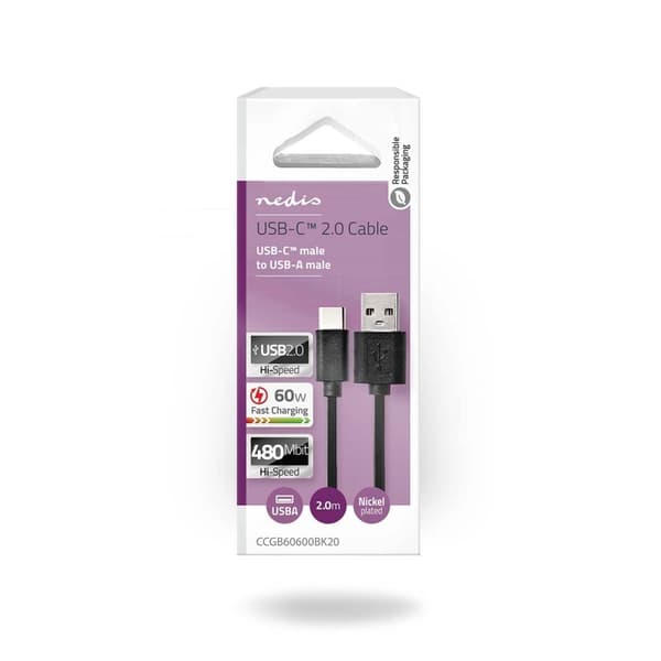 USB-kabel | USB 2.0 | USB-C™ Hann | USB-A Han | 60 W | 480 Mbps | Nikkel belagt | 2.00 m | Rund | PVC | Sort | Boks