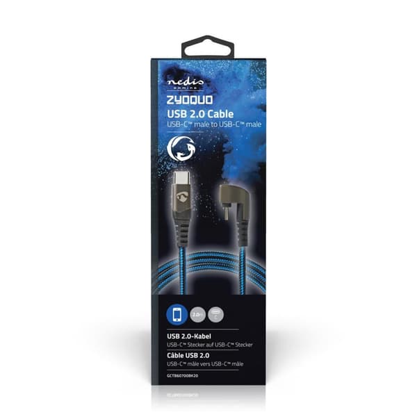USB-kabel | USB 2.0 | USB-C™ Hane | USB-C™ Hane | 480 Mbps | Guldplaterad | 2.00 m | Rund | Flätad / Nylon | Blå / Svart | Kartong med täckt fönster