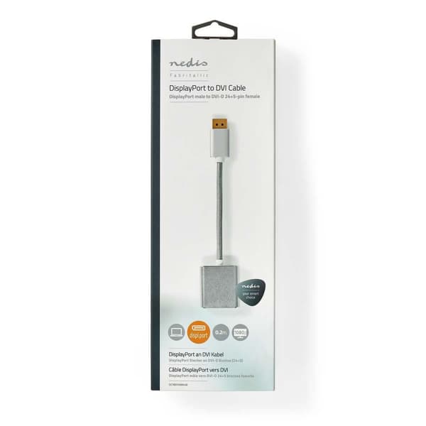 Displayport kabel | DisplayPort Han | DVI-D 24+1-Pins Hun | 1080p | Guldplateret | 0.20 m | Runde | Flettet | Sølv | Cover Window Box