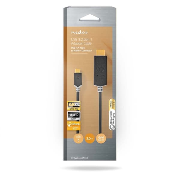 USB-C™ Adapter | USB 3.2 Gen 1 | USB-C™ Hane | HDMI™ Kontakt | 4K@60Hz | 2.00 m | Rund | Guldplaterad | PVC | Antracit | Låda