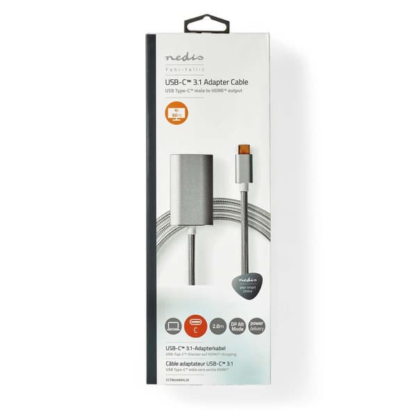 USB-C™ Adapter | USB 3.2 Gen 1 | USB-C™ Han | HDMI™ Hun | 4K@60Hz | Power delivery | 2.00 m | Runde | Guldplateret | Flettet / Nylon | Sølv | Cover Wi