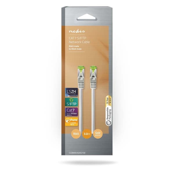 CAT7 nettverkskabel | S/FTP | RJ45 Han | RJ45 Han | 3.00 m | Snagless | Rund | LSZH | Grå | Vindus boks