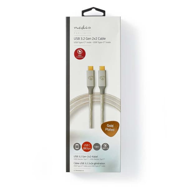 USB-kabel | USB 3.2 Gen 2x2 | USB-C™ Hane | USB-C™ Hane | 100 W | 4K@60Hz | 20 Gbps | Guldplaterad | 1.00 m | Rund | Flätad / Nylon | Silver | Kartong