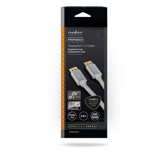 Displayport-kabel | DisplayPort Hane | DisplayPort Hane | 8K@60Hz | Guldplaterad | 2.00 m | Rund | Flätad | Silver | Kartong med täckt fönster