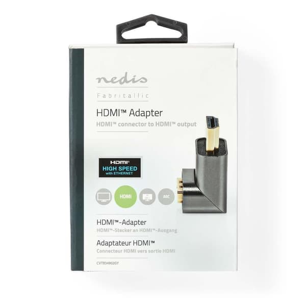 HDMI™ Adapter | HDMI™ Hane / HDMI™ Kontakt | HDMI™ Hona / HDMI™ Utgång | Guldplaterad | Vinklat 270° | Aluminium | Grått Med Metall | 1 st. | Kartong