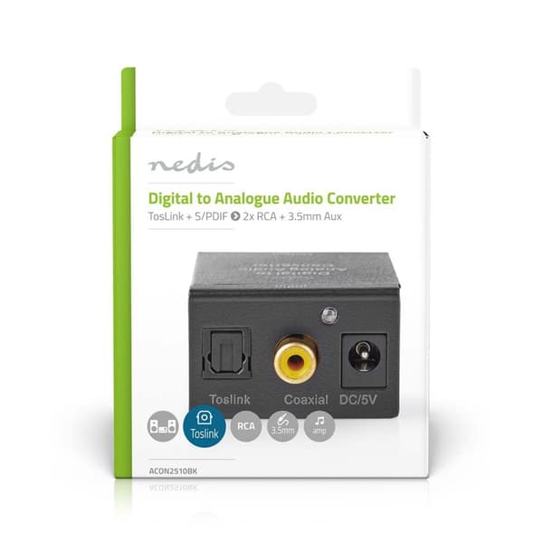 Digital Audio Converter | 1-veis | Koblingsinngang: 1x Digital RCA / 1x TosLink | Koblingsutgang: 1x (2x RCA) / 1x 3.5 mm | Automatisk | Integrert for
