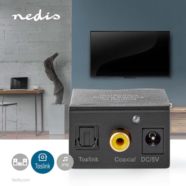 Digital Audio Converter | 1-veis | Koblingsinngang: 1x Digital RCA / 1x TosLink | Koblingsutgang: 1x (2x RCA) / 1x 3.5 mm | Automatisk | Integrert for