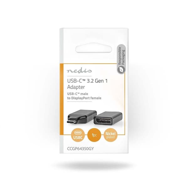 USB-C™ Adapter | USB 3.2 Gen 1 | USB-C™ Hann | DisplayPort Hun | 4K@60Hz | Rund | Nikkel belagt | Grå / Sort | Konvolutt