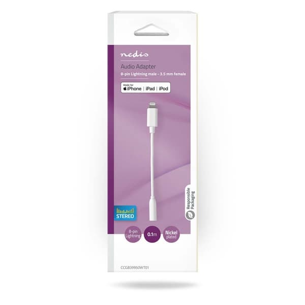 Lightning Adapter | Apple Lightning 8-pin | 3.5 mm Hunstik | Nikkelplateret | 0.10 m | Runde | PVC