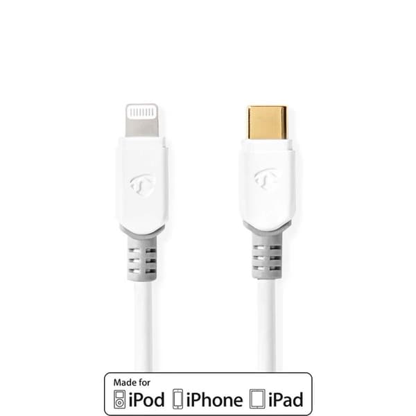 Lightning Kaapeli | USB 2.0 | Apple Lightning 8-Pin | USB-C™ Uros | 480 Mbps | Kullattu | 2.00 m | Pyöreä | PVC | Valkoinen | Ikkunallinen laatikko