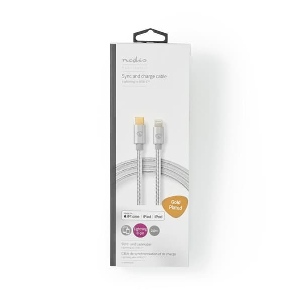 Lightning Kabel | USB 2.0 | Apple Lightning 8-Pinners | USB-C™ Hann | 480 Mbps | Gull belagt | 2.00 m | Rund | Flettet / Nylon | Aluminium | Deksel Vi