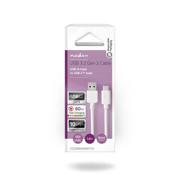 USB-kabel | USB 3.2 Gen 2 | USB-A Hane | USB-C™ Hane | 60 W | 10 Gbps | Nickelplaterad | 1.00 m | Rund | PVC | Vit | Låda