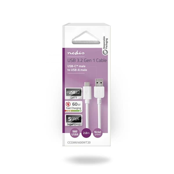 USB kaapeli | USB 3.2 Gen 1 | USB-A Uros | USB-C™ Uros | 60 W | 5 Gbps | Niklattu | 2.00 m | Pyöreä | PVC | Valkoinen | Laatikko