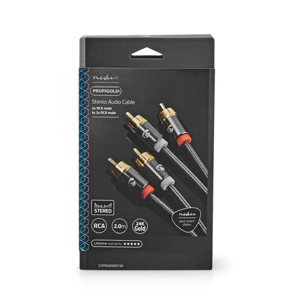 Stereoäänikaapeli | 2x RCA uros | 2x RCA uros | Kullattu | 2.00 m | Pyöreä | Gun Metal Harmaa / Harmaa | Laatikko kannella ja ikkunalla