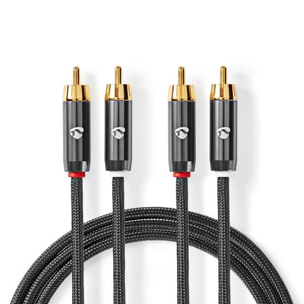 Stereoäänikaapeli | 2x RCA uros | 2x RCA uros | Kullattu | 2.00 m | Pyöreä | Gun Metal Harmaa / Harmaa | Laatikko kannella ja ikkunalla