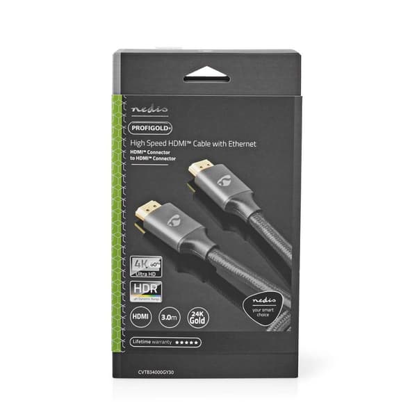 High Speed ​​HDMI ™ kabel med Ethernet | HDMI™ Kontakt | HDMI™ Kontakt | 4K@60Hz | ARC | 18 Gbps | 3.00 m | Rund | Bomull | Grått Med Metall | Kartong