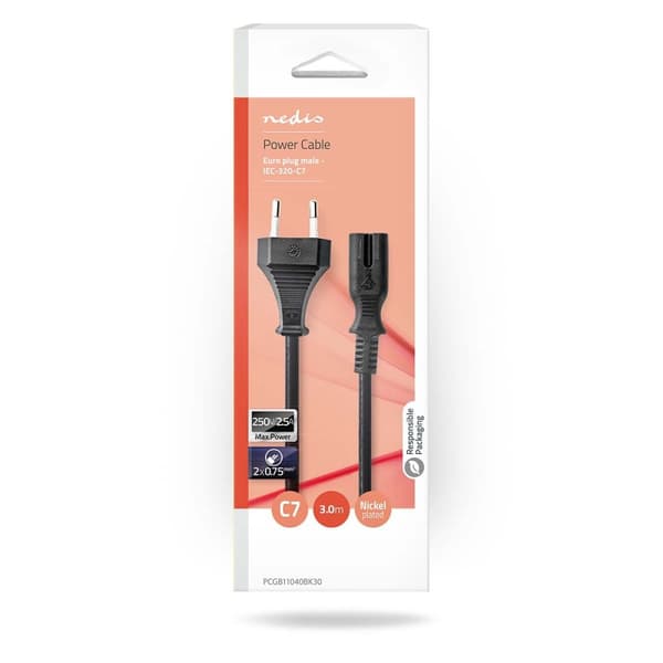Strömkabel | Euro Man | IEC-320-C7 | Rak | Rak | Nickelplaterad | 3.00 m | Platt | PVC | Svart | Låda