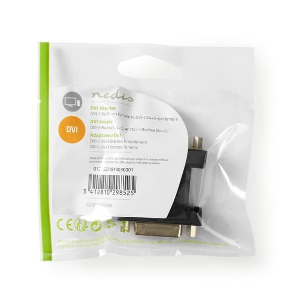 DVI-adapter | DVI-I 24+5-Pins Hun | DVI-I 24+5-Pins Hun | Nikkelplateret | Lige | PVC | Sort | Plastikpose