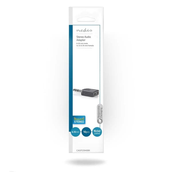 Stereo Audio Adapter | 6.35 mm Han | 2x 6.35 mm Hun | Nikkel belagt | Rett | ABS | Sort | 10 stk. | Konvolutt