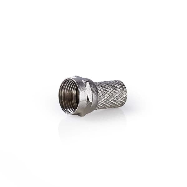 F-liitin | Suora | Uros | Niklattu | 75 Ohm | Kierrettävä | Kaapelin läpitulomitta: 6.4 mm | Sinkkiseos | Hopea | 25 kpl | Muovipussi