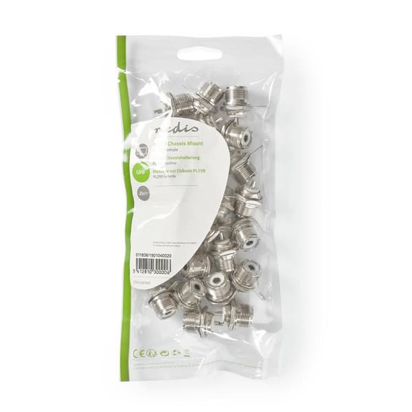 PL259 stik | Lige | Hun | Nikkelplateret | 75 Ohm | Chassis | Kabeldiameter: 5.0 mm | Metal | Sølv | 25 stk. | Plastikpose