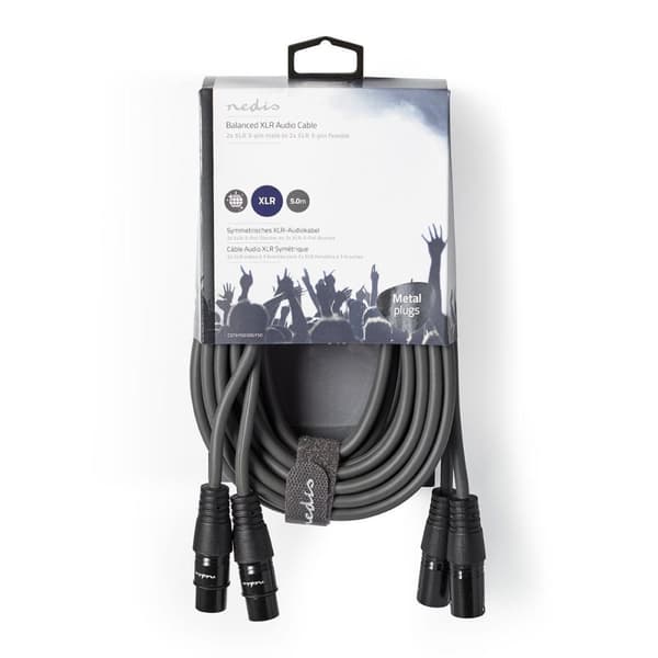 Balansert lydkabel | 2x XLR 3-Pin Han | 2x XLR 3-Pin Hun | Nikkel belagt | 5.00 m | Rund | PVC | Mørk Grå | Pappetui
