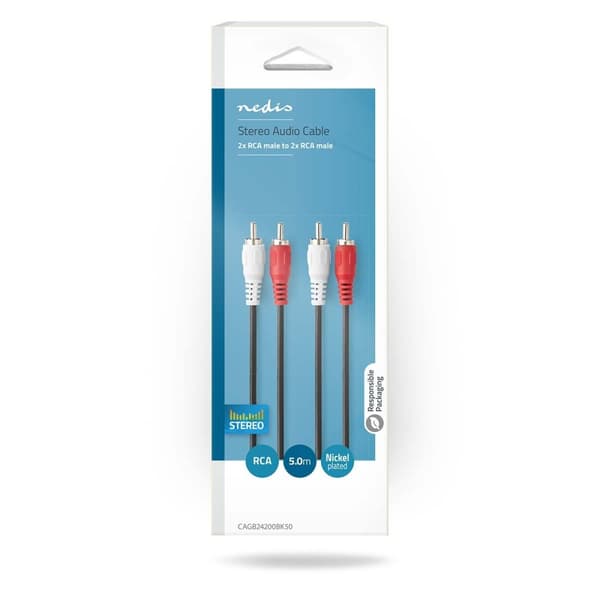 Stereo Audio kabel | 2x RCA Hanstik | 2x RCA Hanstik | Nikkelplateret | 5.00 m | Runde | Sort | Box