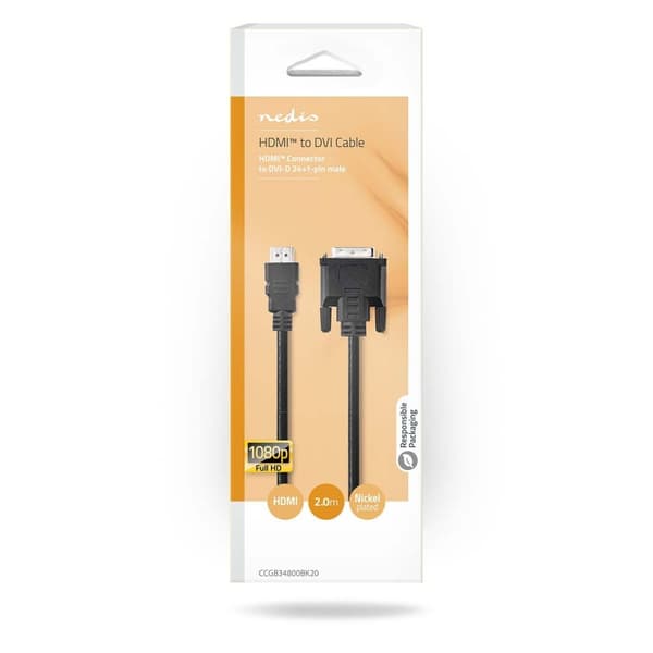 HDMI™ kabel | HDMI™ Kontakt | DVI-D 24+1-Pin Hane | 1080p | Nickelplaterad | 2.00 m | Rak | PVC | Svart | Låda