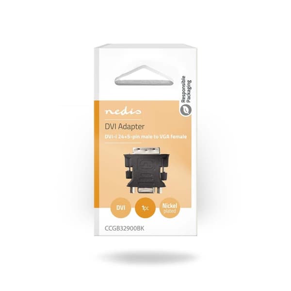 DVI-adapter | DVI-I 24+5-Pin Han | VGA Hun | Nikkelplateret | Lige | PVC | Sort | Box