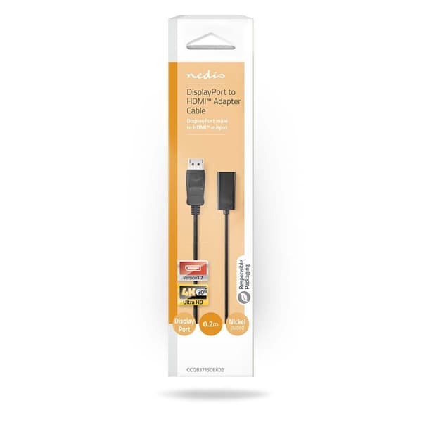 Displayport-kabel | DisplayPort Hane | HDMI™ Utgång | 4K@30Hz | Nickelplaterad | 0.20 m | Rund | PVC | Svart | Låda