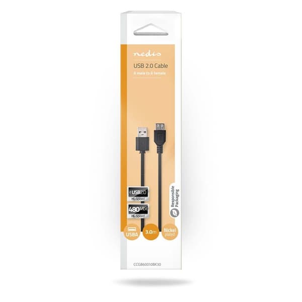 USB kaapeli | USB 2.0 | USB-A Uros | USB-A Naaras | 480 Mbps | Niklattu | 3.00 m | Pyöreä | PVC | Musta | Laatikko