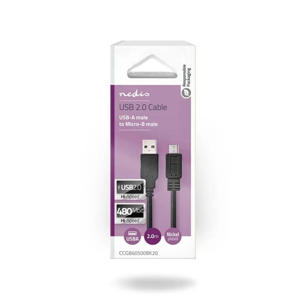 USB kaapeli | USB 2.0 | USB-A Uros | USB Micro-B Uros | 480 Mbps | Niklattu | 2.00 m | Pyöreä | PVC | Musta | Laatikko