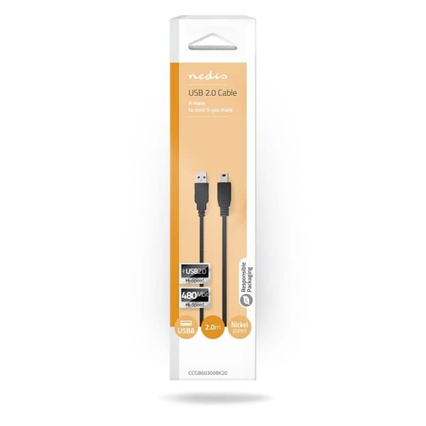 USB kaapeli | USB 2.0 | USB-A Uros | USB Mini-B 5 pin Uros | 480 Mbps | Niklattu | 2.00 m | Pyöreä | PVC | Musta | Laatikko