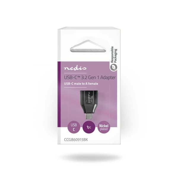 USB-C™ Adapter | USB 3.2 Gen 1 | USB-C™ Han | USB-A Hun | 5 Gbps | Runde | Nikkelplateret | Sort | Box