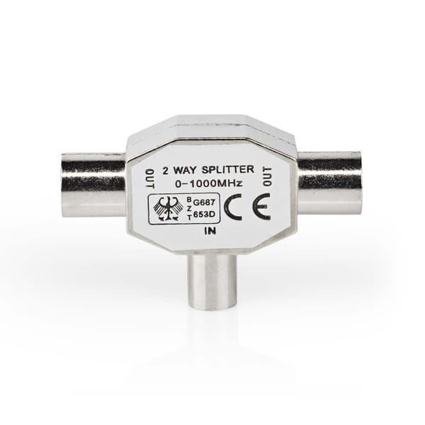 Satellit & Antenne adapter | IEC (Coax) Han | 2x Coax Hun | Nikkelplateret | 75 Ohm | T-Splitter | Metal | Sølv | 1 stk. | Box