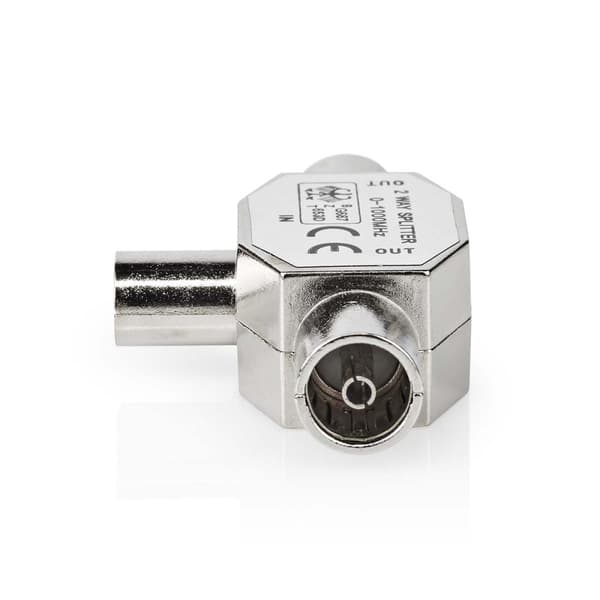 Satellit & Antenne adapter | IEC (Coax) Han | 2x Coax Hun | Nikkelplateret | 75 Ohm | T-Splitter | Metal | Sølv | 1 stk. | Box